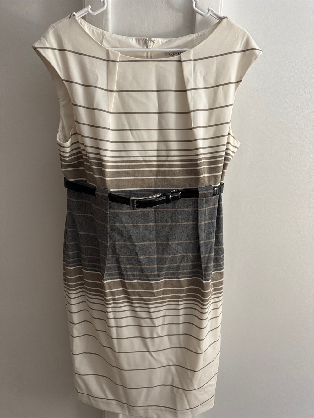 Calvin Klein Cream, Taupe and Gray Striped Sheath Dress with Black Belt